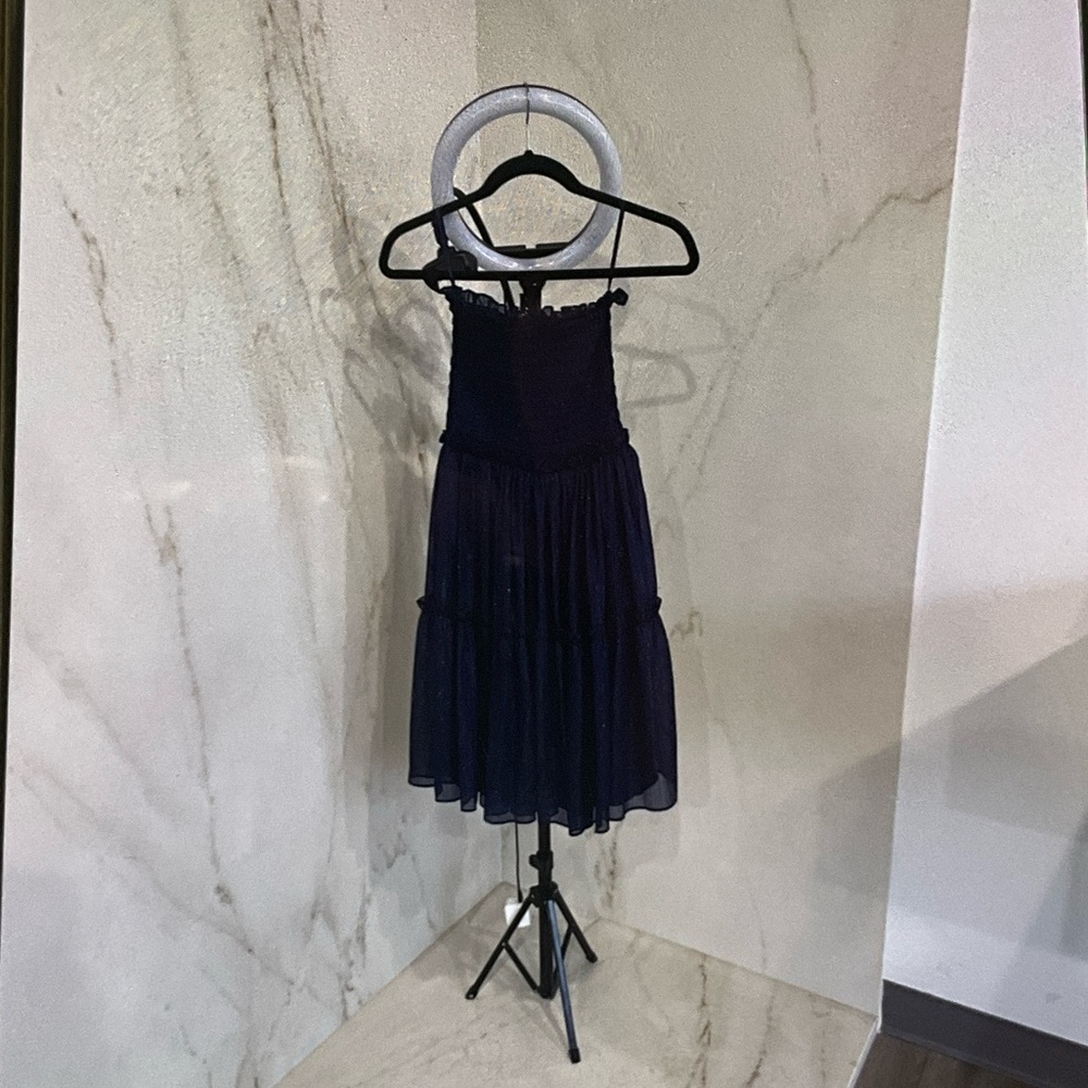 Aqua Navy Smocked Bodice Sleeveless Dress